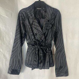 EUC Ashley by 26 International Black Zebra Print Belted Trench Jacket size Large